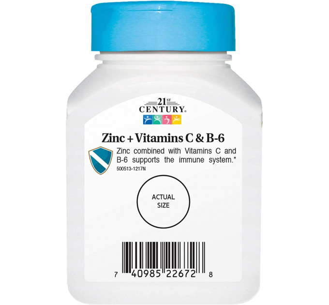 Цинк + Витамин С и Витамин B 6 в жевательных таблетках, Zinc Chewable With C & B6, 21st Century, вишня, 90 таб.